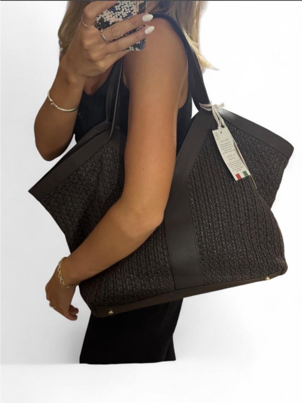 Viola Castellani Leather and Straw Large Chocolate Brown Raffia Tote - Picture 7 of 7